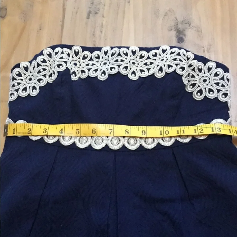 Lilly Pulitzer Betsey Navy and Gold Jacquard Strapless Dress Size 2 - Picture 12 of 16